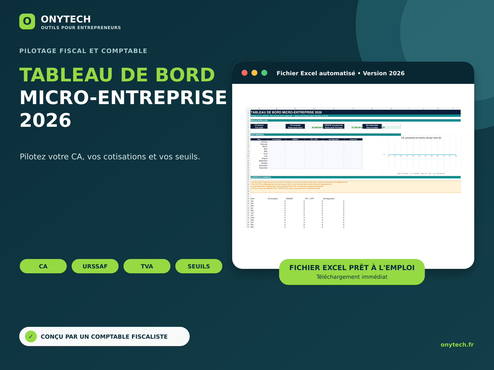Couverture du tableau de bord complet micro-entreprise 2026 Onytech